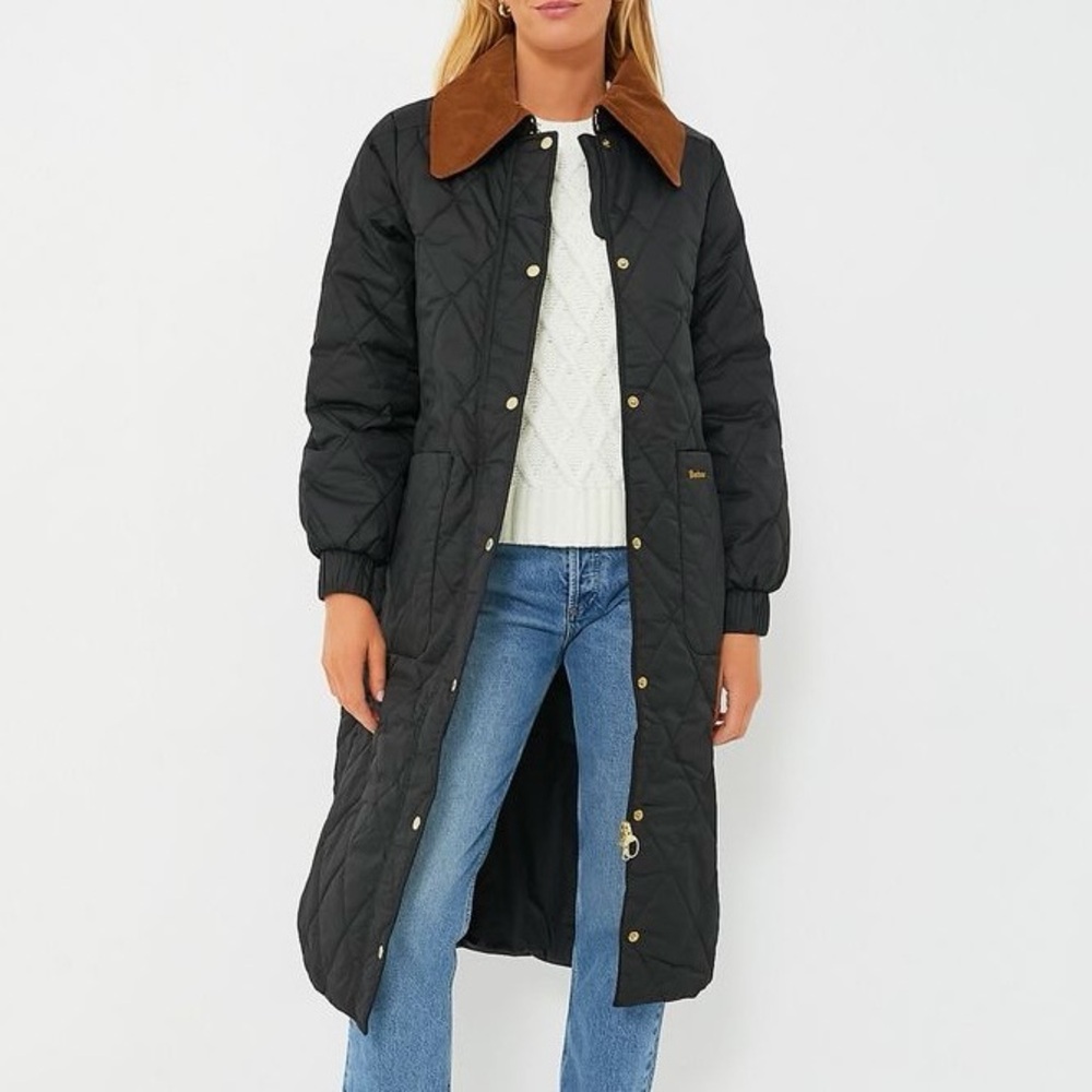 Barbour Quilted Jacket Black Oversized Long Puffer Coat Marsett Corduroy Collar